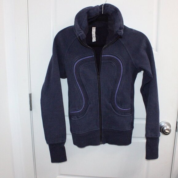 lululemon athletica Tops - Lululemon Cuddle Up Fleece Zip Athletic Jacket‎ Sz 2 Blue Turtleneck Thumbholes